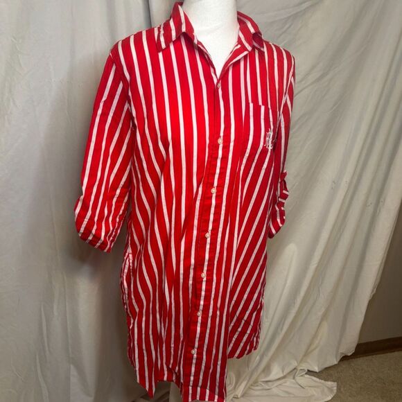 Lauren Ralph Lauren Red Pin Stripe Half Sleeve Button Down Shirt Womens Top NWOT - Picture 2 of 8